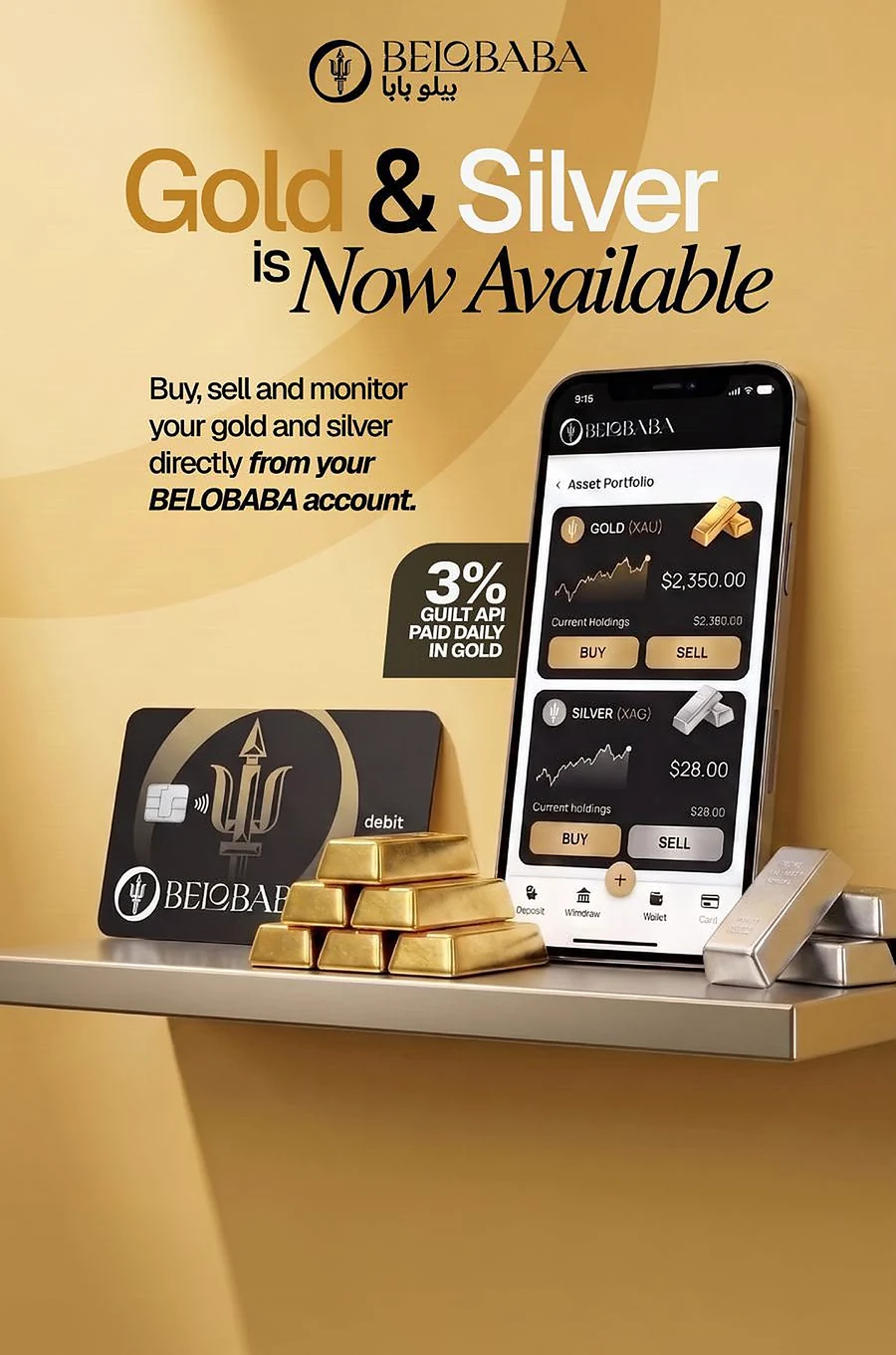 Gold & Silver is now available — buy, sell and monitor your gold and silver directly from your BELOBABA account.